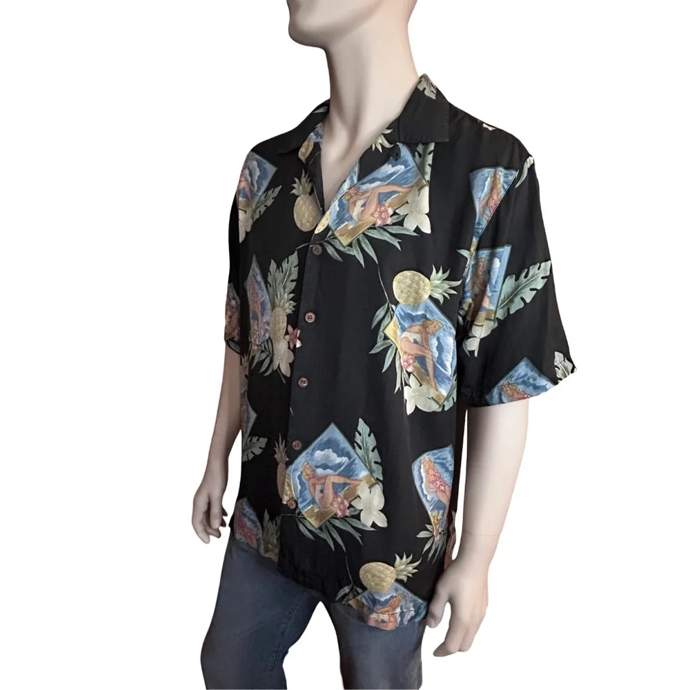 Tommy Bahama Shirt Pinup Girl Pattern 100% Silk Floral Tiki Hawaiian Made Hawaii - Picture 4 of 12